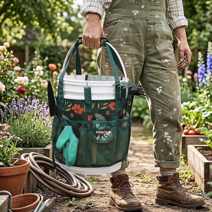 Bucket Tool Organizer - Multi-Purpose Garden Tool Caddy Fits 3.5 to 5 Gallon Buckets - Heavy Duty 600D Tool Bag Pouch with Mesh Pockets for Car Wash, Fishing, Construction (Green Flower)