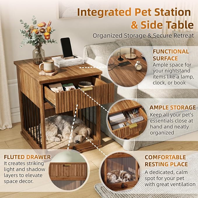 23.6" Small Dog Crate End Table with Charging Station, Dogs Kennel Furniture with Tempered Glass Door and Drawer, Wooden Decorative Dog Crates for Small Medium Dogs, Walnut
