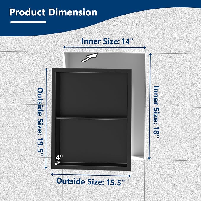 Qeke 14x 18 Medicine Cabinet Recessed with Double Shelves, Matte Black | 304 Stainless Steel Medicine Cabinet without Mirror, No Tile Needed Wall Niche for Bathroom Storage, Space Saving & Durable