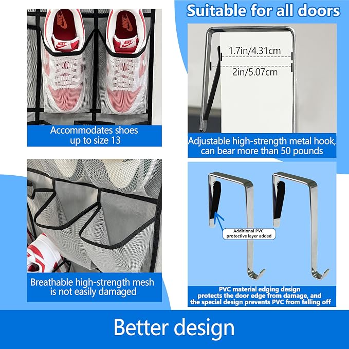 Over the Door Shoe Organizer, 2025 Upgrade 35 Large Pockets for Shoe Storage, Hanging Shoe Holder with Metal Hook, Clear Shoe Rack for Closet Bathroom Door Space Saving - Grey/Black