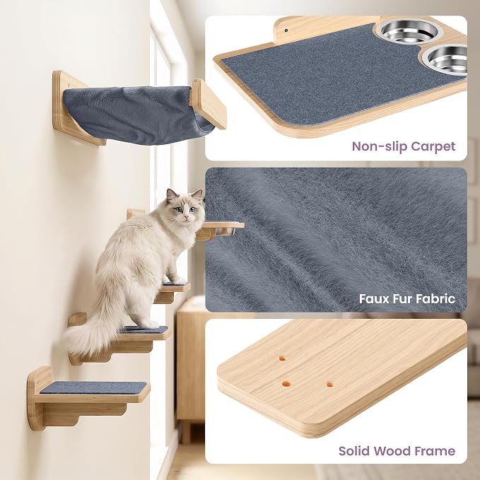 Cat Wall Shelves - Wall Mounted Cat Shelves with Feeding Station | Solid Pinewood, Gray Carpet, Supports Up to 33 lbs, Stainless Bowls, Dog-proof, Lounging, Climbing