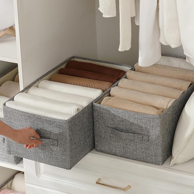 Linen Folding Storage Bins, 3 Pack Large Storage Baskets, Washable, Clothing Storage Bins with Handle, Closet Organizer for Storage Sweater,Sheets(dark grey, 18½"x11 x8½)