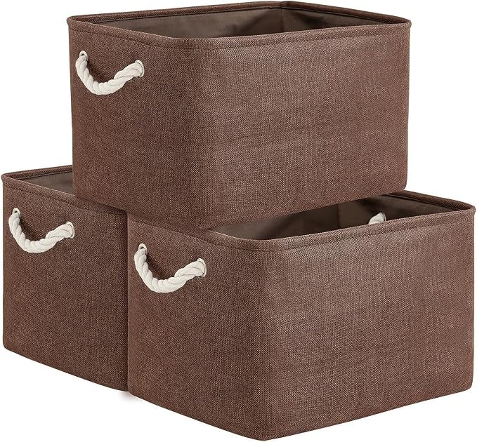Organization and Storage Basket for Shelves - 3 Pack 16x12x12 inch Fabric Storage Cubes, Cube Storage Bin for Organizing Closet Cloth Organizer Gift Toy (White & Brown)
