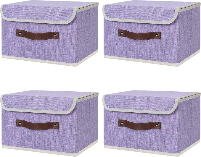 ANMINY Fabric Storage Box Bins with Lids, Purple, 13"x9"x7.9", 4 Pack | Keepsake Memory Storage, Cotton Linen, PP Board Reinforced, Washable, PU Handles, Foldable & Stackable, Decorative, Medium