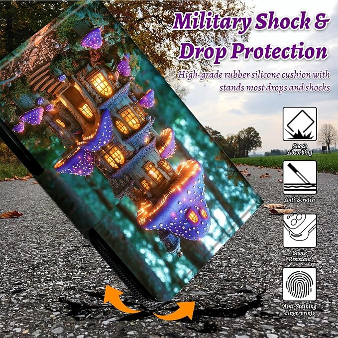 Rotating Handle Case for Samsung Galaxy Tab A11 2026/A9 2024 8.7 Inch, 360 Degree Swivel Kickstand with Magnetic Closure Leather Protective Cover for Women Men, Purple Mushroom Castle