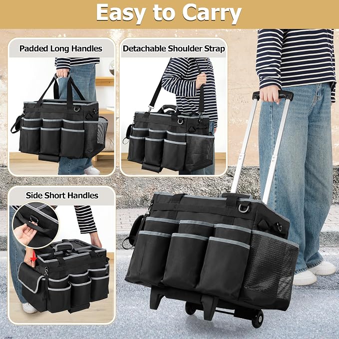 HODRANT Large Cleaning Caddy with Detachable Trolley & Shoulder Strap | Cleaning Supplies Bag with Handles & Support Plates, Cleaner Product Rolling Organizer for Car Wash and Housekeeping