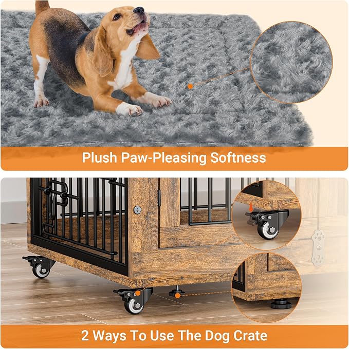 2 Pack Dog Crate Furniture, 32'' Heavy Duty Kennel with Cushion & Wheels | Rustic Brown, Double Doors, Wooden Dog Cage, Chew-Resistant, End Table, Decorative, 27"/32"/38"/44" Options, Indoor