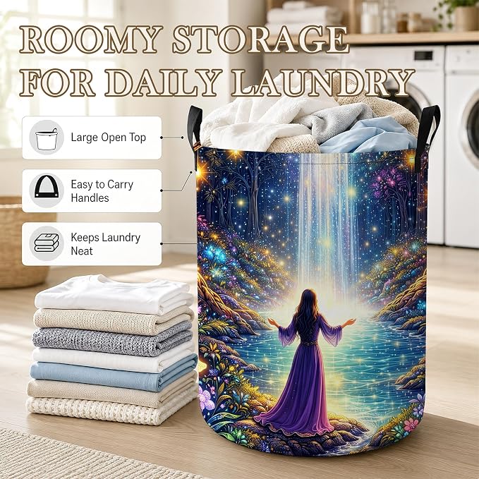 Fantasy Waterfall Laundry Basket, Foldable Oxford Cloth Magic Forest Laundry Hamper with Handles, Tote Bag Clothes Storage Bucket for Laundry Room/Bathroom/Bedroom/Dormitories 20.8"x16"