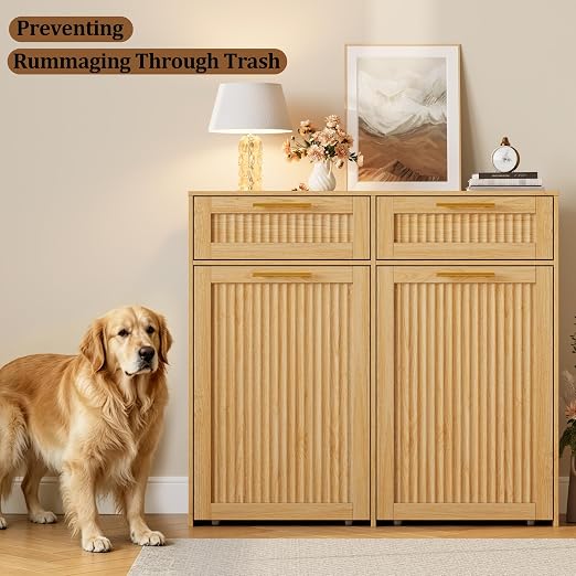 2 X 13 Gallon Pull Out Trash Can Cabinet, Double Trash Cabinet, Natural Oak | Fluted Kitchen Trash Cabinet with Drawers, Freestanding Hidden Garbage Pet Proof Trash Can Holder for Laundry, Living Room