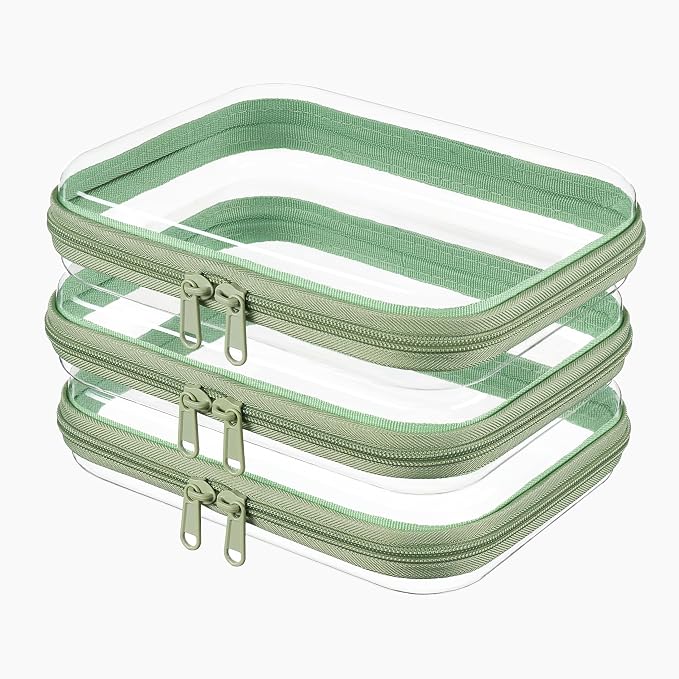 3-PCS Medium Clear Hard Shell Zipper Pouches, Clear Zipper Bags (3M, Green) | Hard Case Pouches for Purse & Diaper Bag Organizer, Travel Essentials, Clear Storage Bags, and Travel Zipper Container