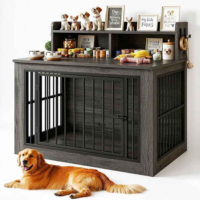 IRONCK 43.3" Extra Large Dog Crate Furniture with Storage Shelf | 10mm iron rods. Storage shelf and 4 hooks. 200 lb tabletop. 30"L x 43.3"W x 41.1"H indoor large crate