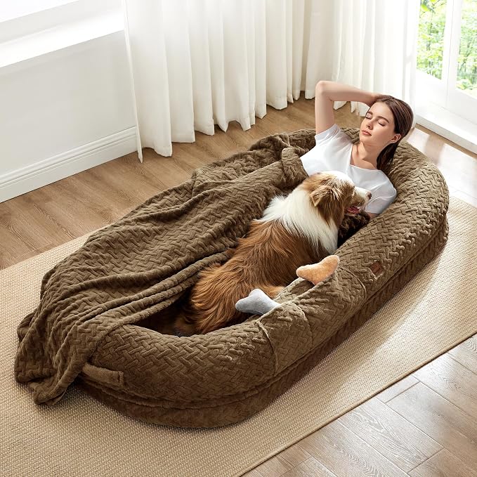 ChiXnuggle Orthopedic Human Dog Bed,with Faux Fur Washable Cover,Blanket | brown,72*40*10,giant dog bed for adult or extra large dogs,egg crate foam,non-slip bottom
