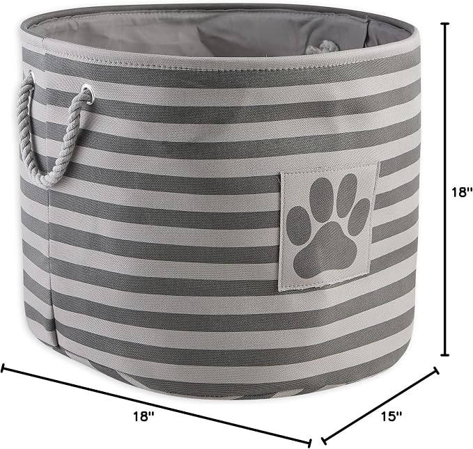 Bone Dry Pet Storage Collection Striped Paw Patch Bin, Large Round, Gray