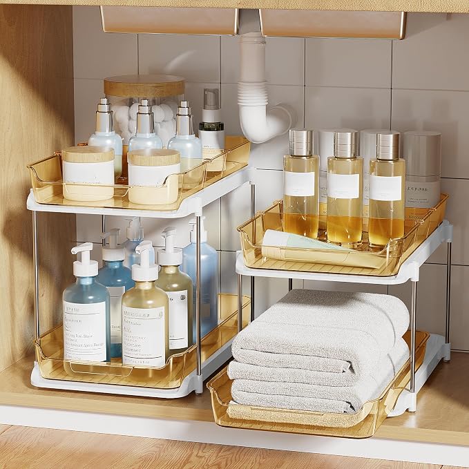 Delamu 2-Tier Multi-Purpose Bathroom Under Sink Organizers and Storage, Stackable Kitchen Pantry Organization, Pull Out Medicine Cabinet Organizer with Movable Dividers, Golden, 2 Pack