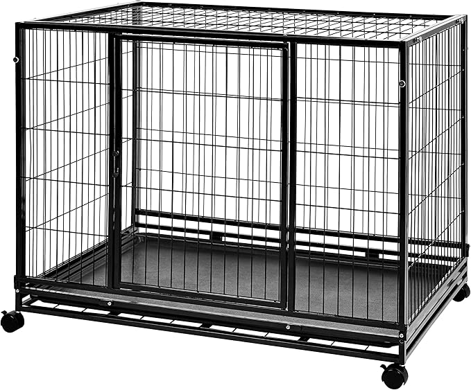 Amazon Basics - Portable Heavy Duty Stackable Dog Pet Kennel on Wheels with Tray, Black, 43.5" L x 29.8" W x 34.3" H