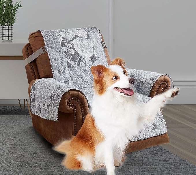 Brilliant Sunshine Multi Grey Flowers Couch Recliner Cover, 28" seat | Quilted Sofa Cover, Living Room & Bedroom Furniture Protector, Large Washable Reclining Chair Slipcover for Pets, Dogs & Cats