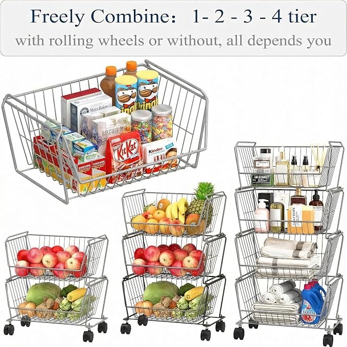 PUSDON 4-Tier Large Stackable Wire Storage Baskets with Wheels, Metal Rolling Utility Cart Organizer, Fruit and Vegetable Produce Basket for Kitchen Pantry, Bathroom Floor Shelf, Silver Grey