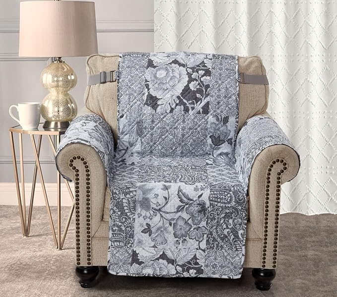 Brilliant Sunshine Multi Grey Flowers Couch Armchair Cover, 23" seat | Quilted Sofa Cover, Living Room & Bedroom Furniture Protector, Washable Chair Slipcover for Pets, Dogs & Cats