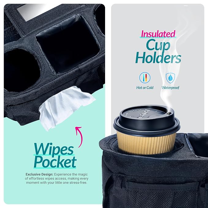 Swanoo Stroller Caddy Organizer, Cup Holder, Wipes Pocket, Non-Slip, Black
