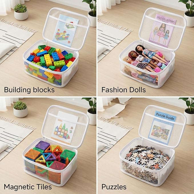 holay 4 Pack Clear Toy Storage Bags with Zipper & Handle, Board Game Bins | Reinforced base stands upright; clear PVC front; holds toys, board games & busy bags; foldable for playroom & travel