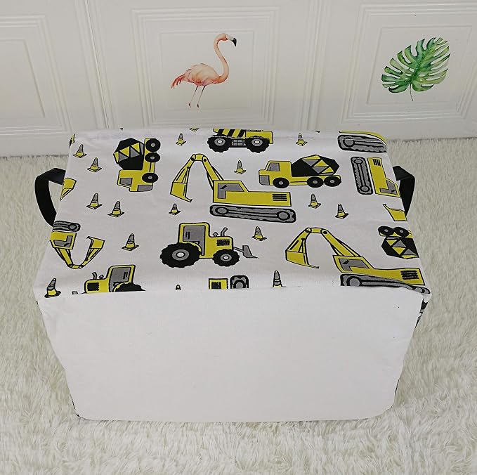 Kid Storage Basket Gift Shelf Basket Toy Storage Bin, Nursery Basket Organizer Box for Children Room Deco With Handles (Yellow Excavator)