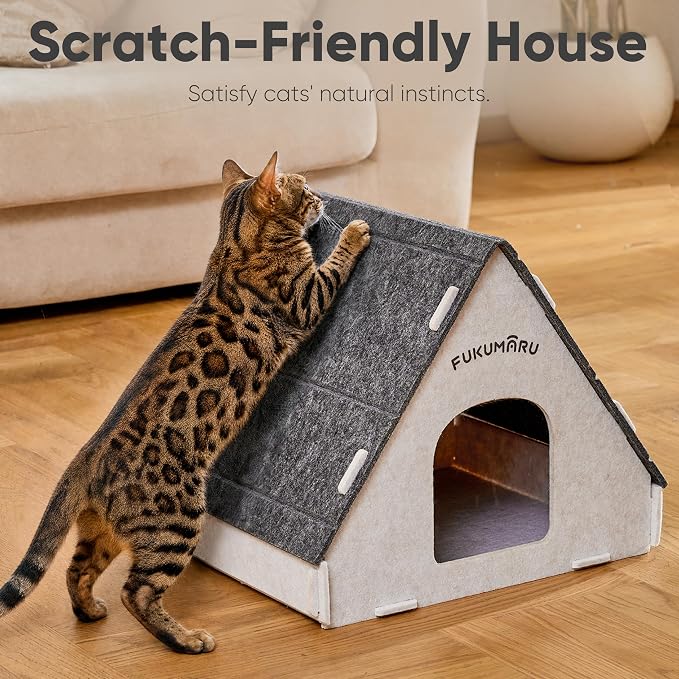 FUKUMARU Cat House Cave Bed for Indoor Cats, Large Warm Felt Cat Hideaway | Scratch-Resistant Cat Cave, Kitten Hideaway for Timid Cat & Small Pet, Modern Sturdy Cats House Condo, Easy to Assemble