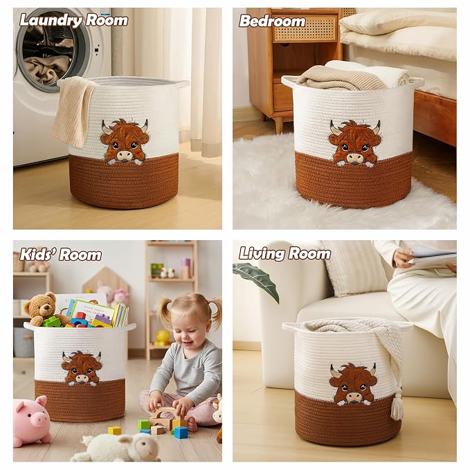 Large Blanket Baskets for Living Room, Highland Cow Storage Baskets for Toys Organizer Woven Cotton Rope Basket for Kids, Clothes Hamper with Embroidery Highland Cow Decor for Nursery Laundry