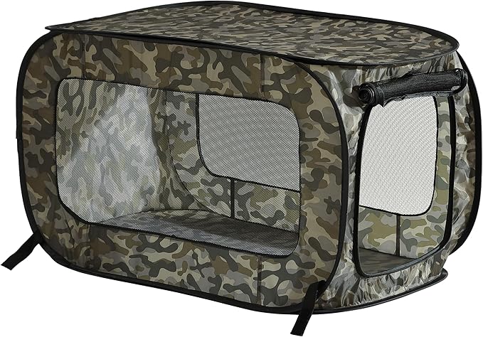 Portable Collapsible Pop Up Kennel, 36" L x 22" W x 22" H, Camo Green | Collapsible indoor/outdoor travel cat and dog crate with mesh screen windows pops up and folds flat for easy storage