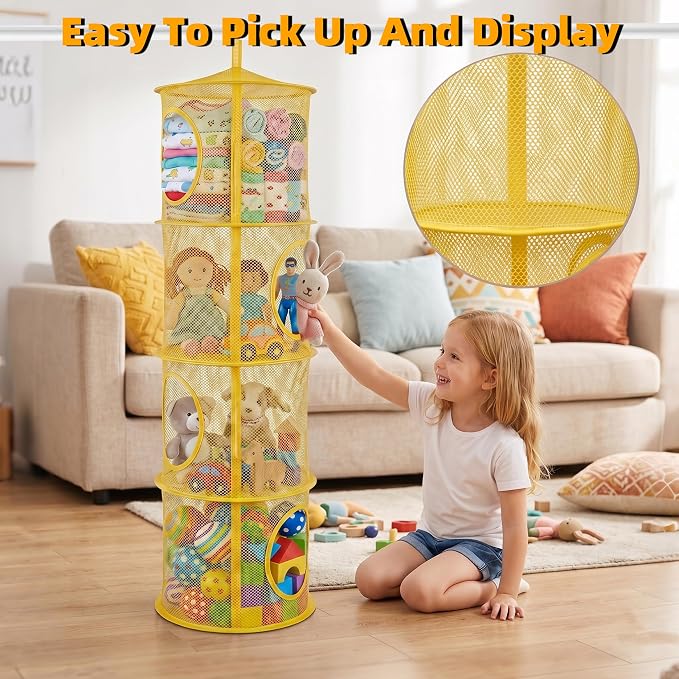 Hanging Stuffed Animal Storage Hammock Net 4 Tiers, Yellow | Hanging Mesh Storage Organizer for Kids Room, Holds Plushies, Gloves, Hats, Socks, Foldable Space-saving Design