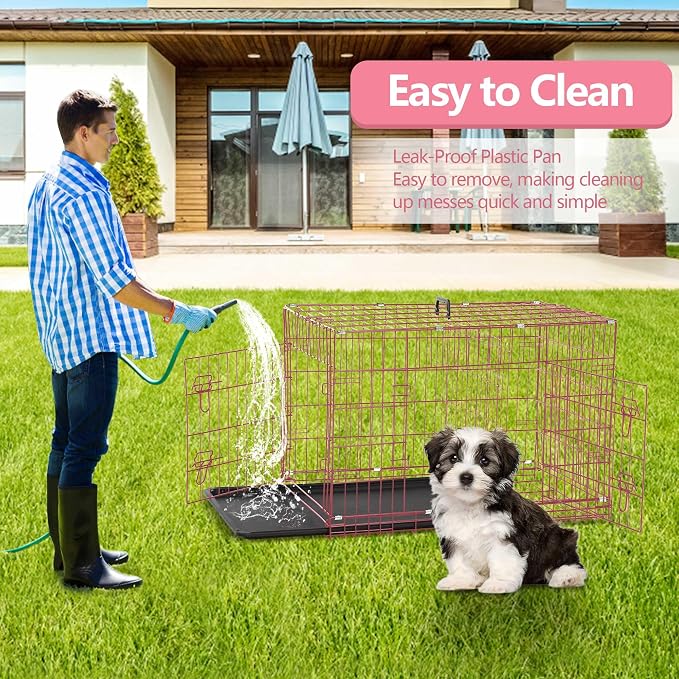 24 Inch Small Dog Crate, Heavy Duty Dog Crates for Small Dogs, Metal Wire Folding Dog Cage with Removable Trays, Locks, Double-Door, Divider Panel, Handle, Puppy Crate Pet Crate (24 in, Pink)