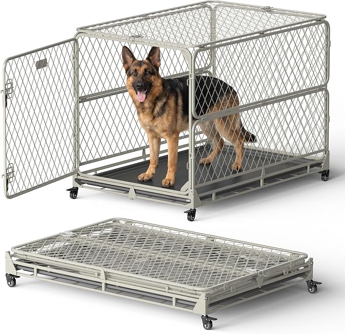 42 Inch Collapsible Dog Crate for Large Dogs, Foldable Metal Dog Kennel with Reinforced Diamond Wire Mesh, Escape Proof Foldable Dog Cage, Leak-Proof Removable Tray, Double Secure Door Latch