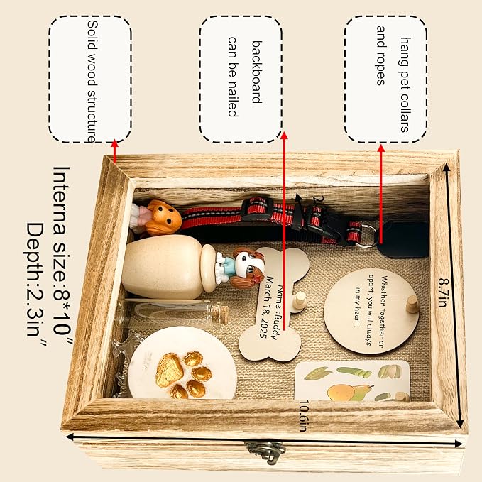 Pet Memorial Shadow Box 8x10 Solid Wood Brown Urn Ashes Display Case with Paw Print Kit Dog Memorial Keepsake Gift for Loss of Pet