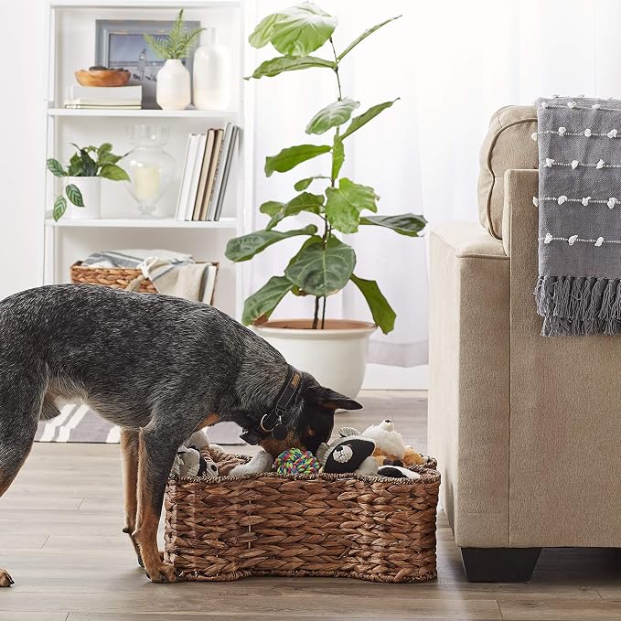 Bone Dry Pet Storage Collection, Bone Shape Hyacinth Toy Basket, Dark Brown, Medium - 21x13x8"