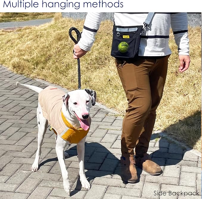 Raisingwell Dog Treat Pouch with Magnetic Closure 4-Cup Silicone Bag Fanny Pack Holder with Clicker 4 Ways to Wear Front Pocket Fits All Phones Ideal for Leash, Pet Walking and Training（Black）