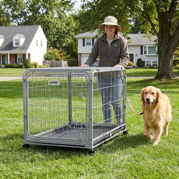 ZOMISIA Collapsible Dog Crate for Large Dogs - 42 inch Escape Proof Double Door Metal Dog Kennel with Lockable Wheels, Easy Assembly Foldable Cage with Removable Tray, Indoor Outdoor Use, Silver Gray