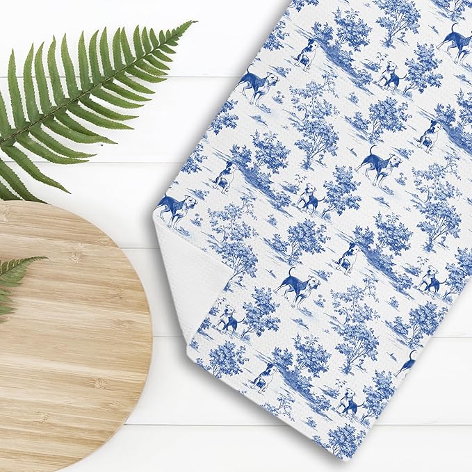Chinoiserie Bull Terrier Kitchen Towels, Blue and White Floral Bull Terrier Decorative Hand Towels, Grandmillennial Botanical Dog Hand Towels for Kitchen Bathroom,Bull Terrier Gifts,16x24 Inch