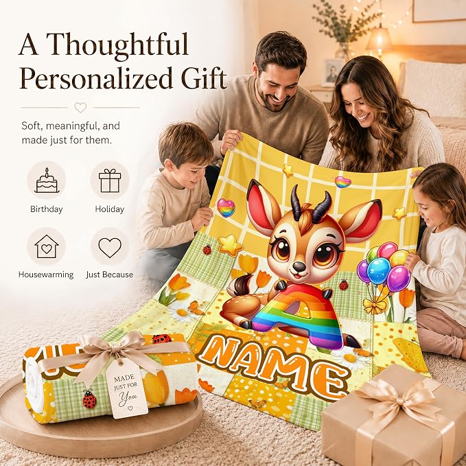 Blanket for Girls Custom Deer Throws, Personalized Animal Blanket for Kids | Custom Monogram Present, Multiple Sizes, Bed Blanket, Easy Care, Sofa Throw