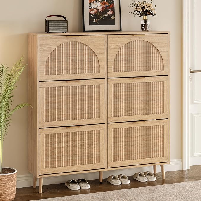 BORNOON Shoe Cabinet for Entryway with 6 Flip Drawers, Slim Wooden Shoe Storage Organizer with Modern Fluted Pannel，Freestanding Narrow Hidden Shoe Rack for Hallway, Foyer, Living Room