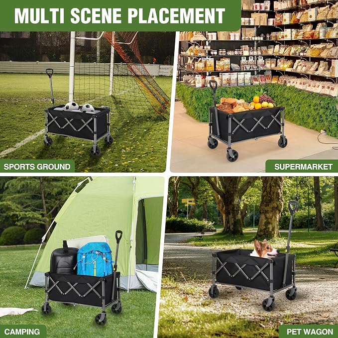 REDCAMP Collapsible Wagon with Wheels, 380lbs Foldable Wagon Cart | Portable Utility Wagon Cart with All Terrain Wheels for Outdoor, Sports, Shopping, Pet, Grocery, Beach, Camping, Black