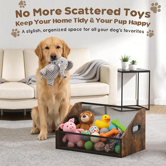 Piskyet Wood Dog Toy Bin, Dog Toy Box(Rustic Brown) | Wood Dog Toy Basket,Dogs Storage Organizer, Large Cat Toys Basket Box for Living Room Area Wooden Organizing Storage