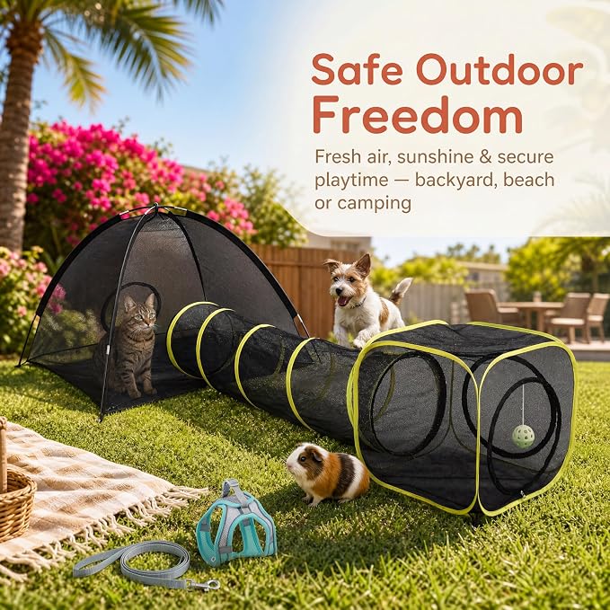 Extra-Large Outdoor Cat Tent for Indoor Cats, Portable 3-in-1 Mesh Cat Enclosure with Tunnel & Playhouse, Outside Cat Playpen for Small Animals, Pop Up Catio with Harness Leash and Tease Ball
