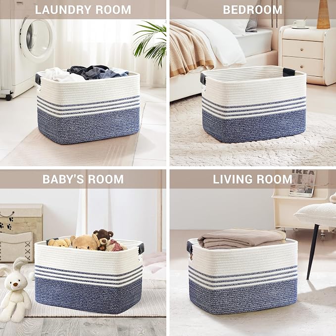 100L Woven Laundry Basket Hamper with Leather Handles,Denim Blue | collapsible wicker hamper, storage for dirty clothes, toys, blankets, gifts, living room, bedroom, bathroom, 24"x16"x16"