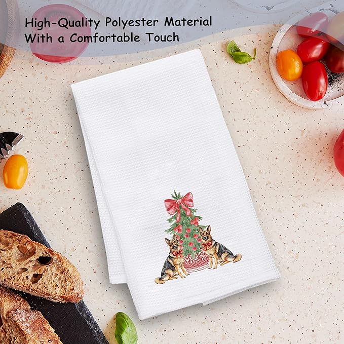 Red Chinoiserie Christmas German Shepherd Kitchen Towels, German Shepherd Gifts Dish Tea Towels for Kitchen Decor, Grandmillennial Bow Xmas Tree Dog Hand Towel for Bathroom Decor, 16x24 Inch