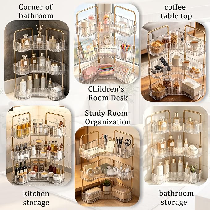 3-Tier Corner Bathroom Organizer, Skincare Vanity Counter Shelf Clear | Premium PET Perfume Display Stand with Gold Metal Rods, Space-Saving 90 Degree Storage Rack for Dresser