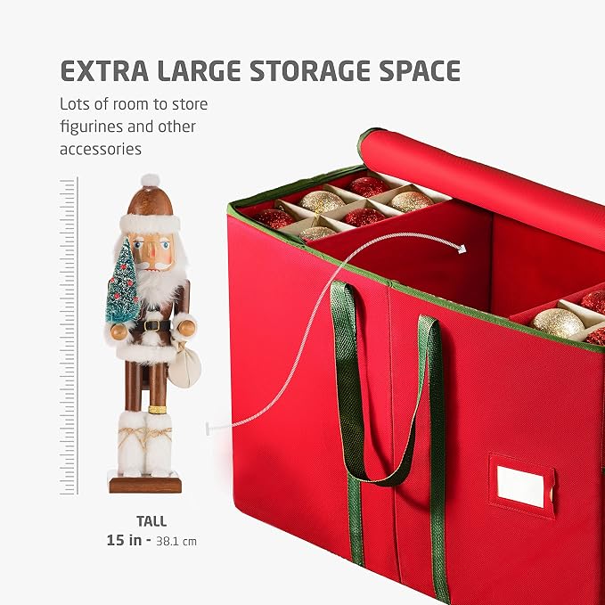 ZOBER Large Christmas Ornament Storage Box - Stores 80 3" Ornaments, With Dividers - With Large Compartment for Figurines, and Accessories, Durable Christmas Containers Holder (Red, 80-3" Ornaments)
