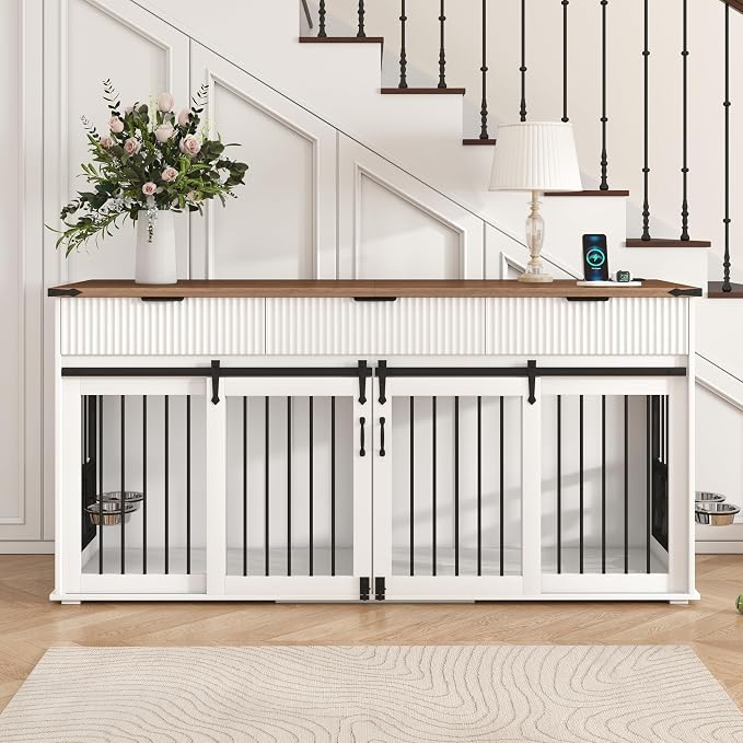 71'' Large Dog Crate for 2 Dogs, Dog Kennel Indoor with 3 Drawers and Removable Divider, Double Dog Crate Furniture with 360° Rotating Feeder, Wooden Dog Cage for Medium Large Dogs (White)