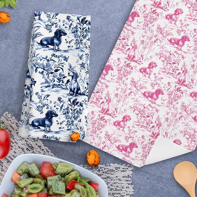 Pink Chinoiserie Dachshund Kitchen Towels Set of 2,Pink Floral Botanical Dachshund Decorative Dish Tea Towels,Grandmillennial Weiner Dog Hand Towels for Kitchen Bathroom, 16x24 Inch