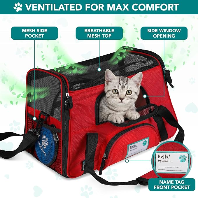 PetAmi Airline Approved Pet Carrier for Cats & Small Dogs, Large, Red | Soft Sided TSA Travel Bag, Sherpa Bed, Breathable Mesh Ventilation, Collapsible Bowl, Fits Under Seat, Up to 18 lbs