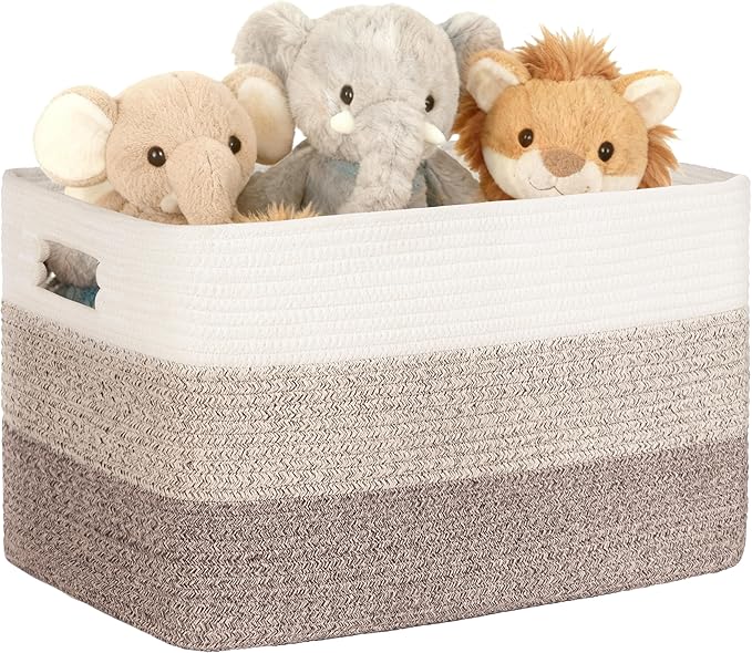 45L Small Woven Laundry Basket Hamper with Handles, Gradient Brown | collapsible wicker hamper, storage for dirty clothes, toys, blankets, gifts, living room, bedroom, bathroom, 18"x14"x11"