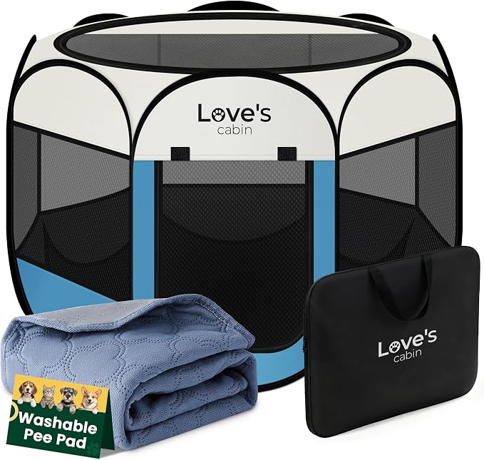 Love's cabin Dog Playpen with Washable Pee Pad, Puppy Pet Cat Playpen Small Dogs Tent Crate Indoor/Outdoor, Portable Pop Up Kennel with Carrying Case for Cats/Rabbits(Blue,Small with pad)